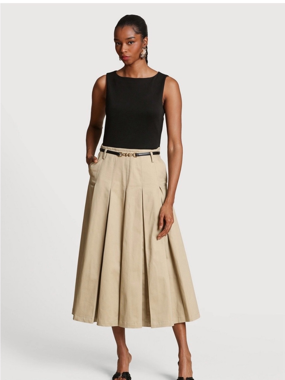 Avec Les Filles Black Sleeveless Top with Pleated Skirt Midi Dress